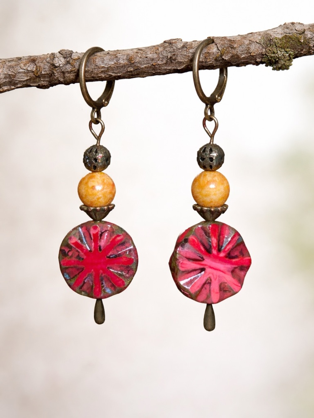Czech Glass Sunburst Earrings, Bronze Boho Floral Dangle